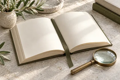 Öppen bok med olivgrönt bokmärke och ett förstoringsglas.